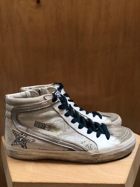 GOLDEN GOOSE Slide White Snakeskin Silver Glitter Star High Top Sneaker Shoe 37