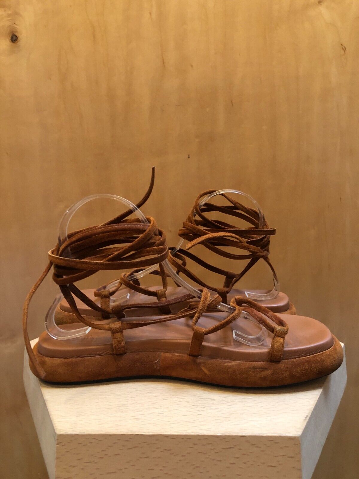 KHAITE Alba Brown Suede Leather Trimmed Strappy Tie Up Ankle Sandals 38.5