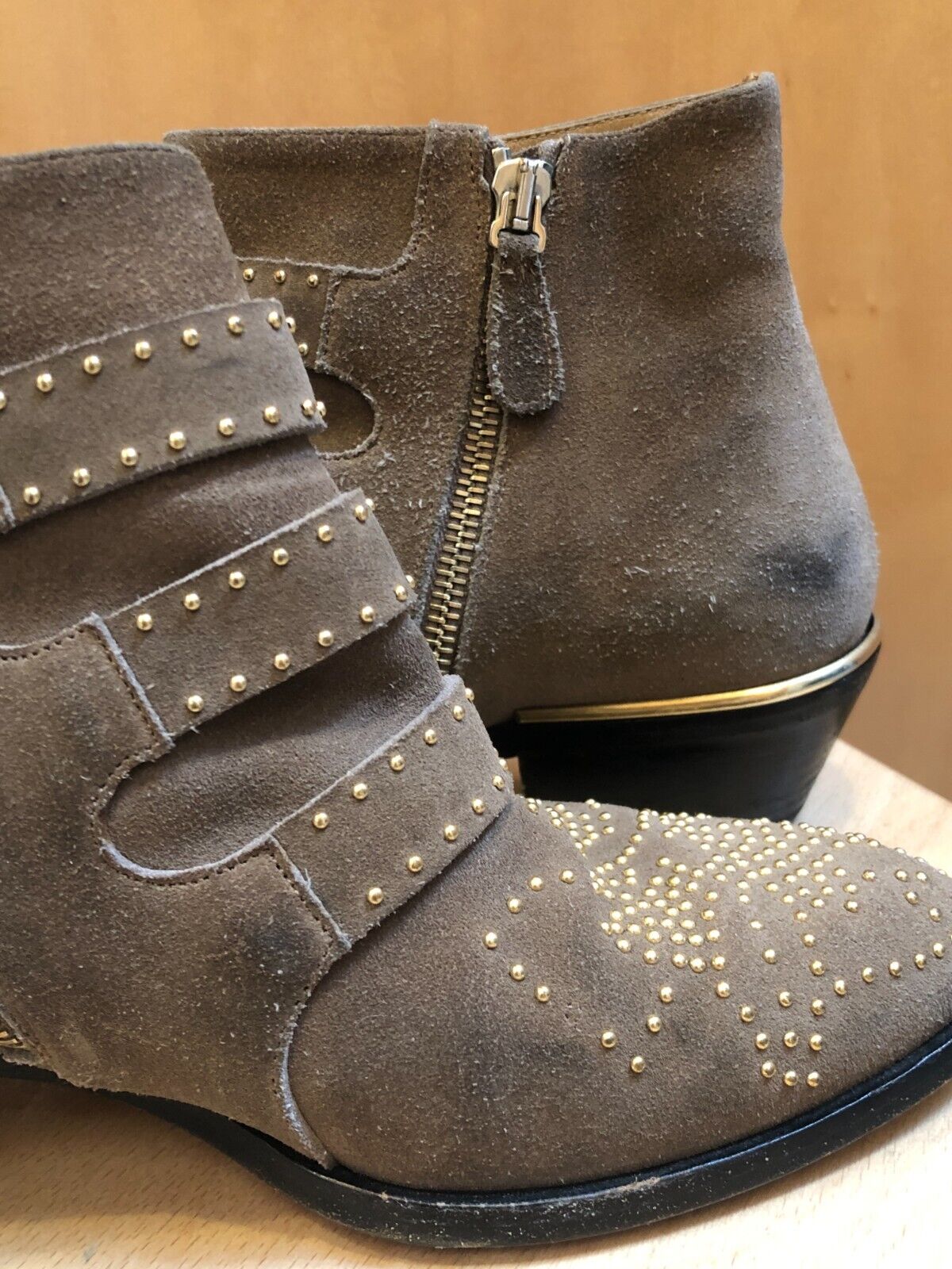 CHLOE Susanna Brown Beige Taupe Gold Studded Suede Multi Buckle Ankle Boot 35