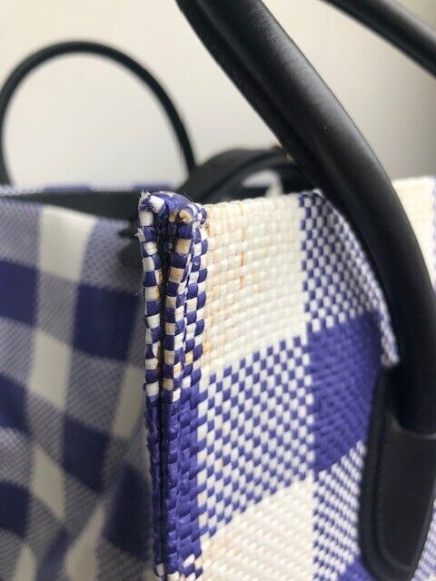 CELINE Phantom Medium Blue White Woven Plaid Gingham Print Raffia Bag Purse