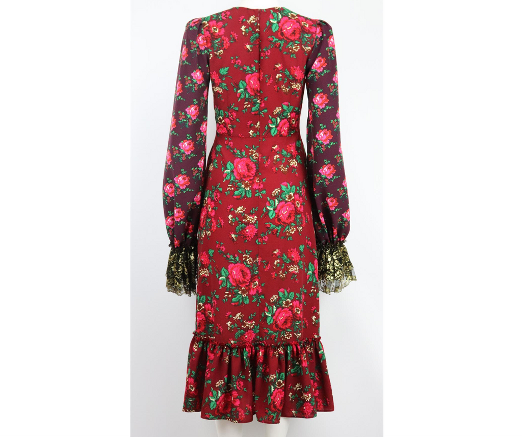 THE VAMPIRES WIFE Gypsy Red Floral Rose Print Long Metallic Gold Midi Dress 10/6