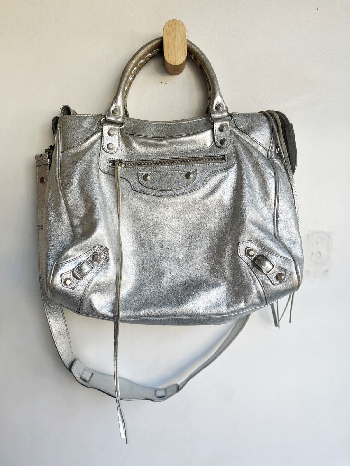 BALENCIAGA Velo Silver Motocycle Small Stud Leather Shoulder Tote Bag Purse