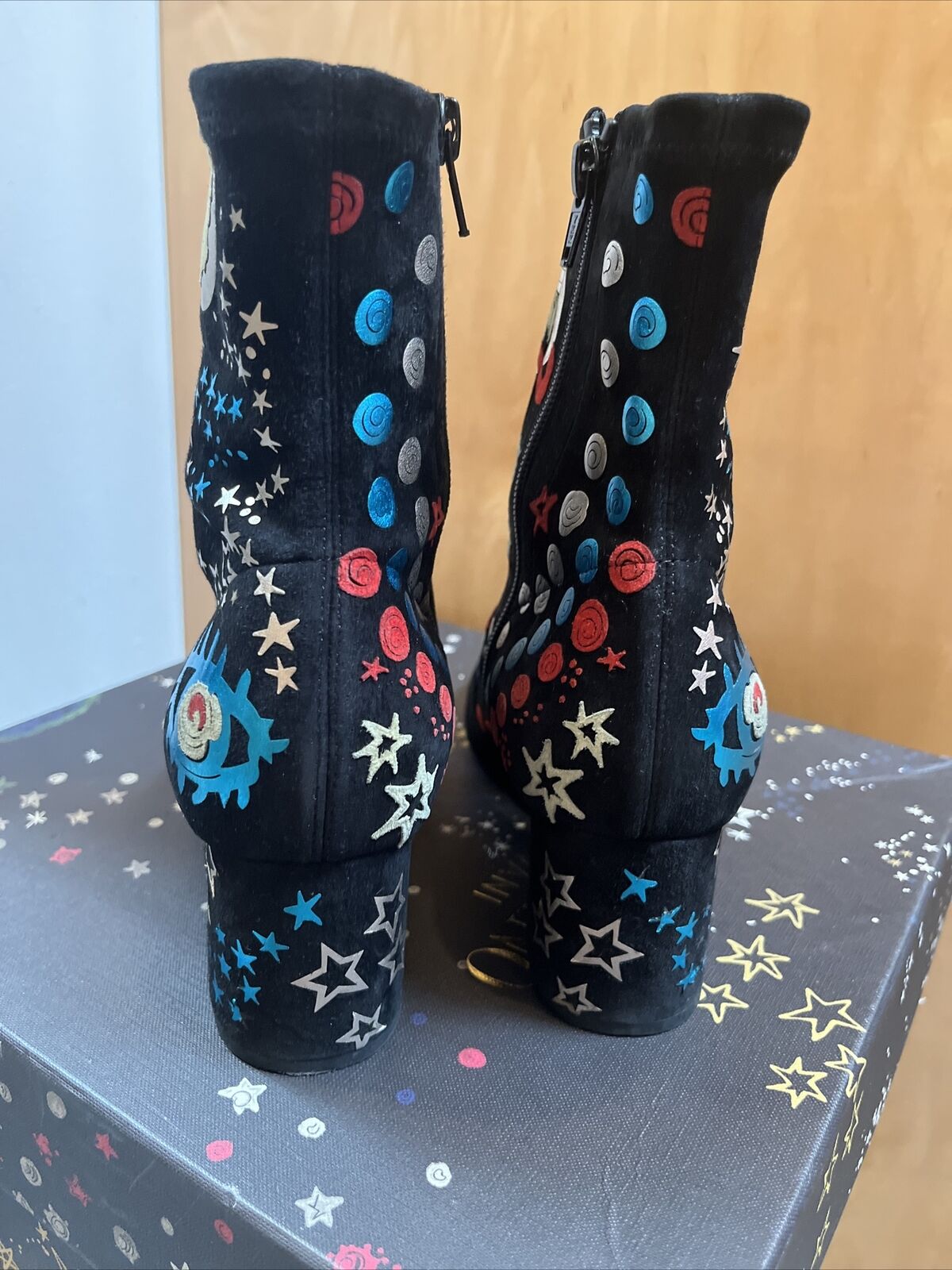 VALENTINO Black Suede Leather Star Planet Print Ankle Sock Block Heel Boot 37