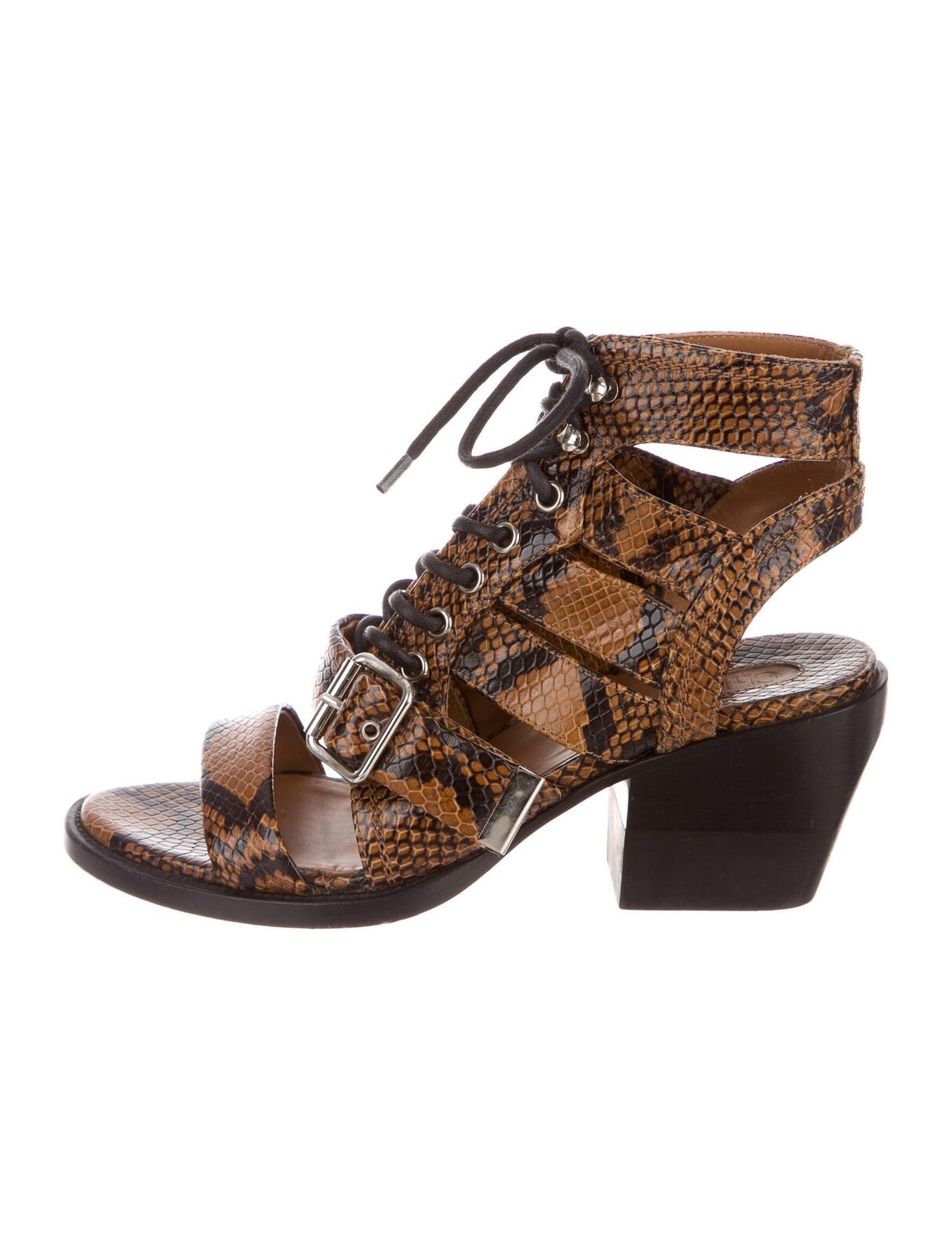 CHLOE Rylee Brown Snakeskin Print Leather Buckle Gladiator Sandal Heel 37.5/7.5