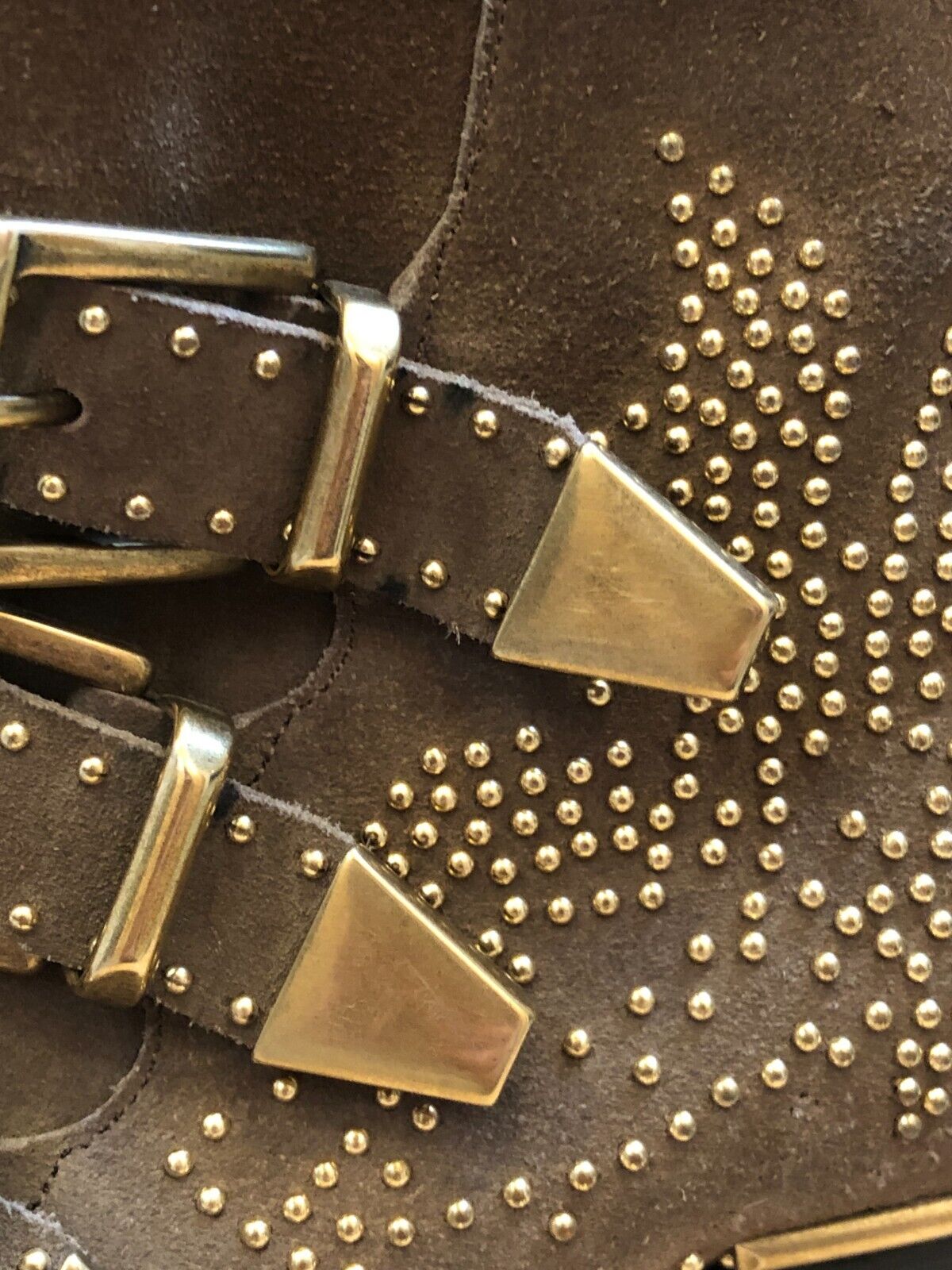 CHLOE Susanna Brown Beige Taupe Gold Studded Suede Multi Buckle Ankle Boot 35