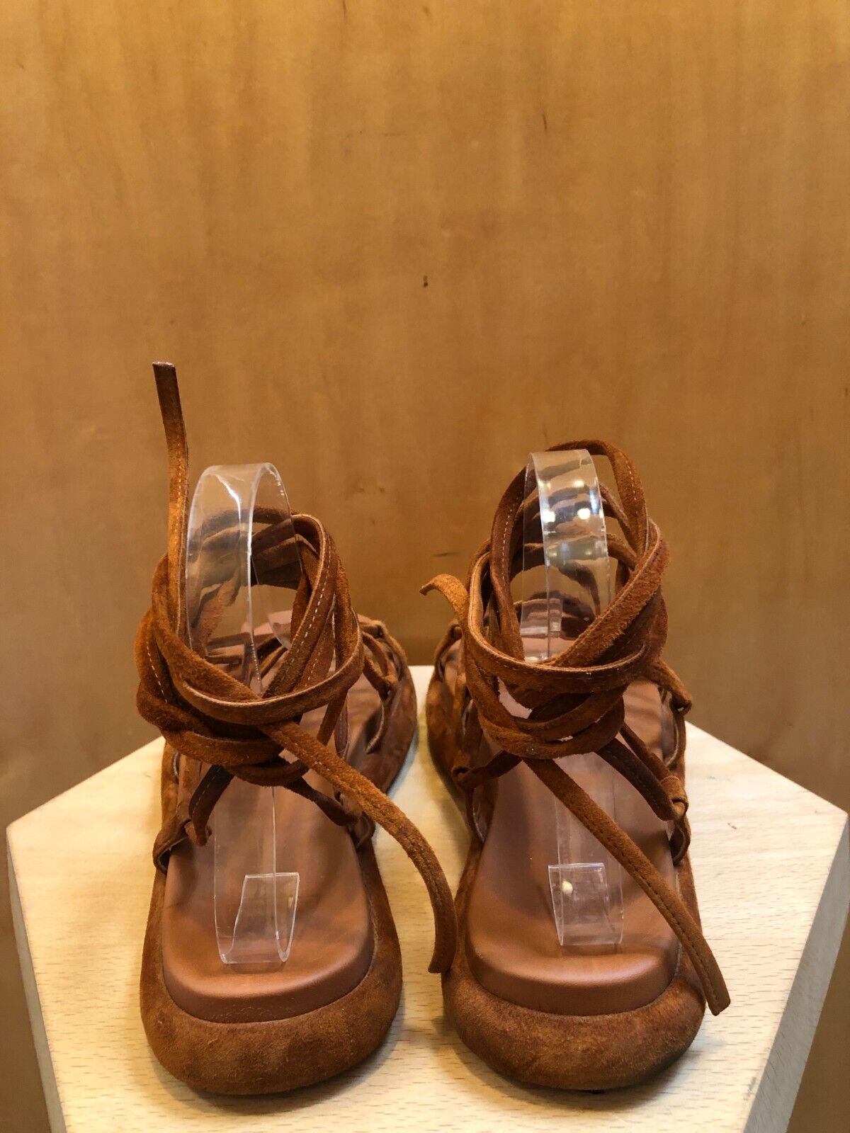 KHAITE Alba Brown Suede Leather Trimmed Strappy Tie Up Ankle Sandals 38.5