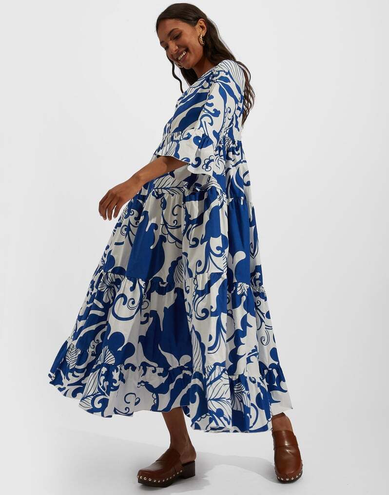 LA DOUBLEJ Jennifer Jane White Marea Blue Floral Cotton Tiered Maxi Dress XS