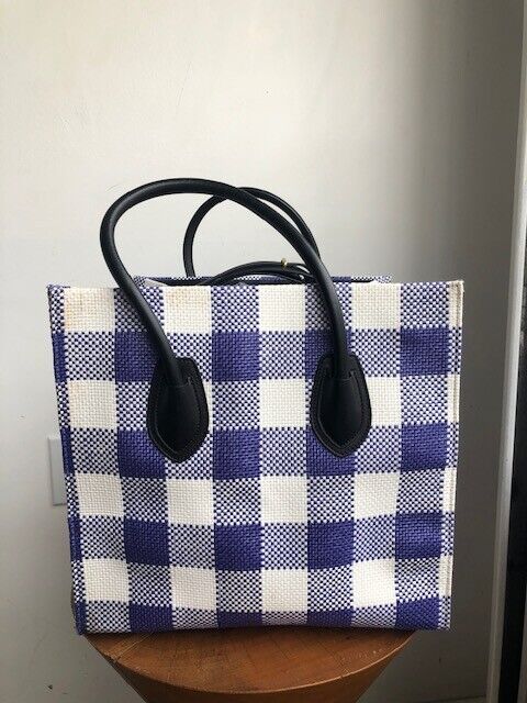 CELINE Phantom Medium Blue White Woven Plaid Gingham Print Raffia Bag Purse