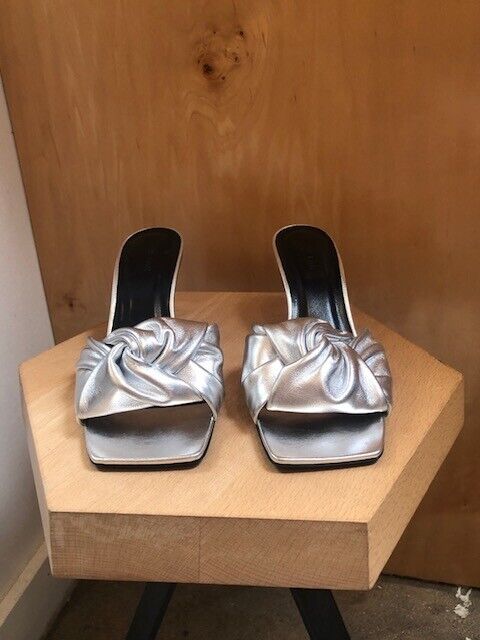 BY FAR Lana Silver Knot Heel Open Toe Leather Slide Sandal Heel Mule Shoe 38/8