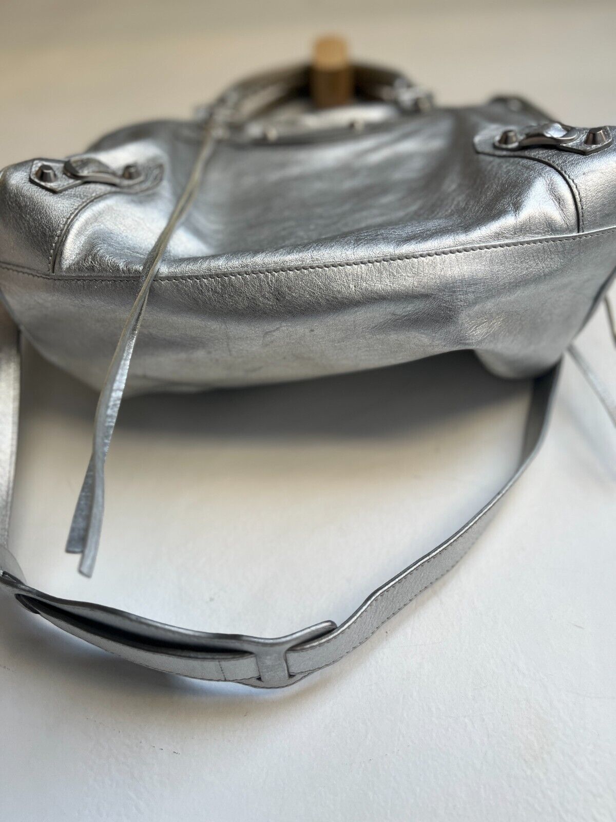 BALENCIAGA Velo Silver Motocycle Small Stud Leather Shoulder Tote Bag Purse