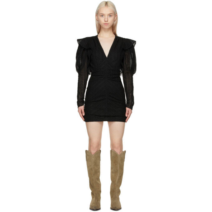 ISABEL MARANT Geyta Black Lace Long Sleeve Ruffle Eyelet Bodycon Mini Dress 36/4