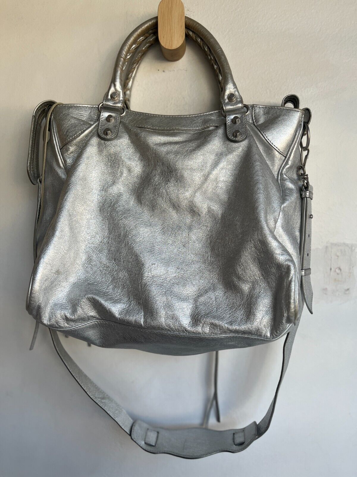 BALENCIAGA Velo Silver Motocycle Small Stud Leather Shoulder Tote Bag Purse