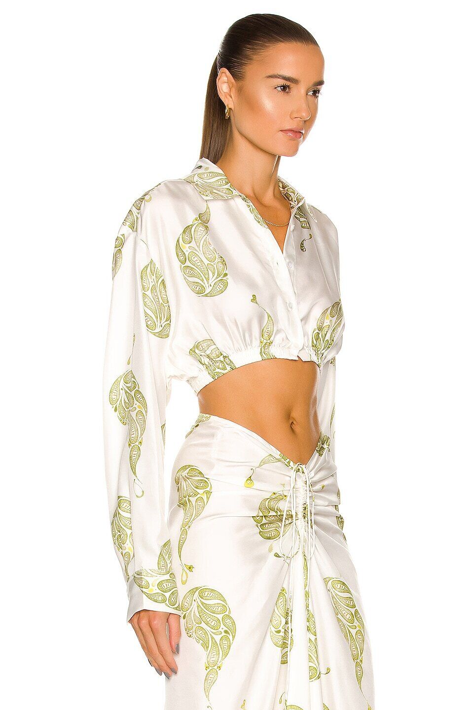CHRISTOPHER ESBER White Green Paisley Collared Silk Long Sleeve Crop Top 6/2