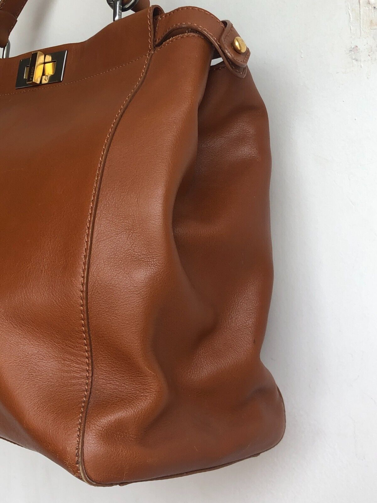 FENDI Peekaboo Iconic Medium Brown Camel Copper Leather Shoulder Bag Purse