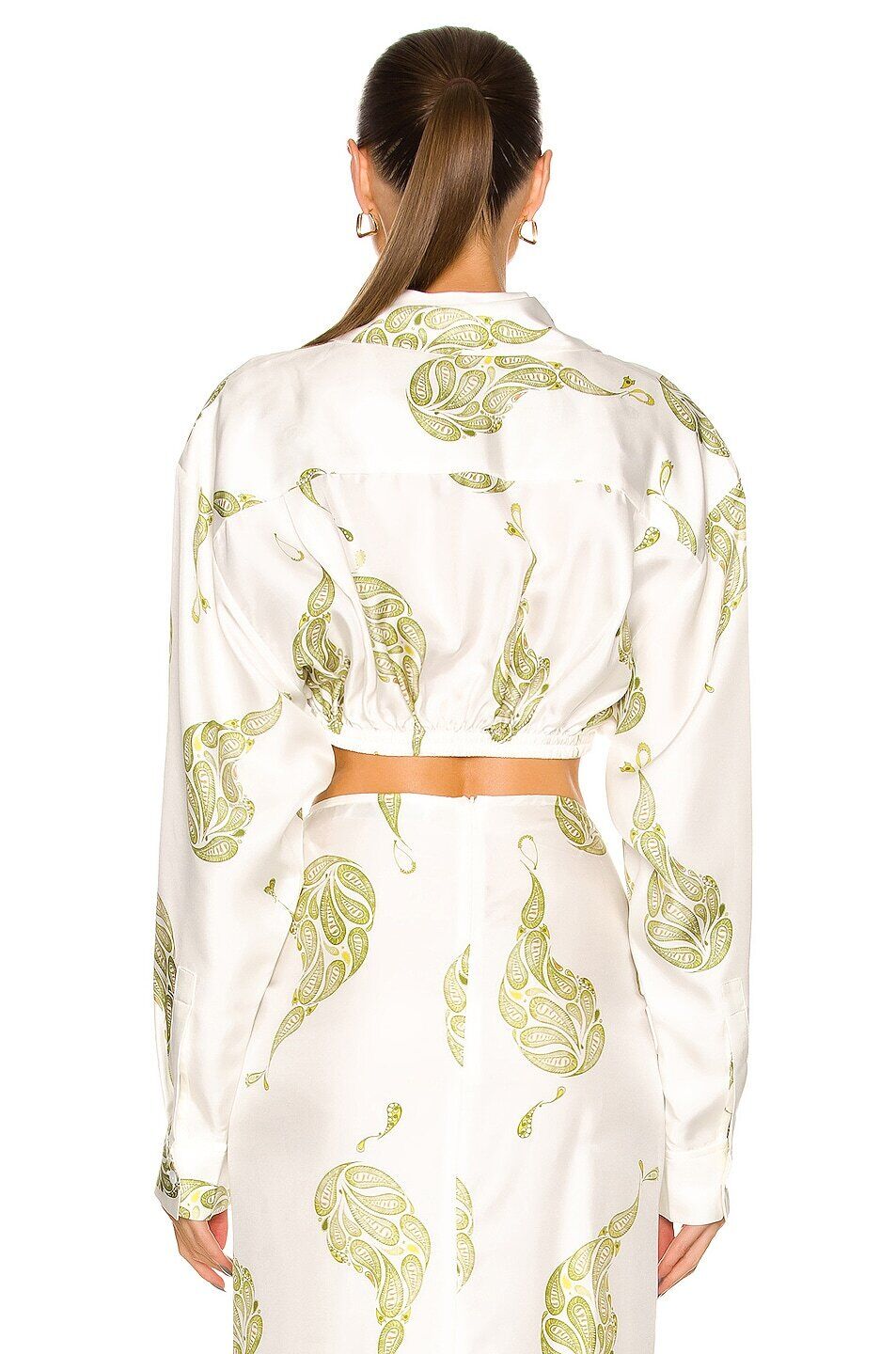 CHRISTOPHER ESBER White Green Paisley Collared Silk Long Sleeve Crop Top 6/2