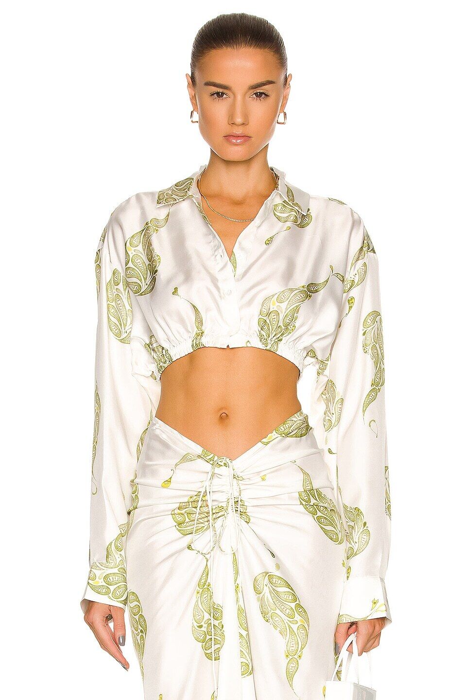 CHRISTOPHER ESBER White Green Paisley Collared Silk Long Sleeve Crop Top 6/2