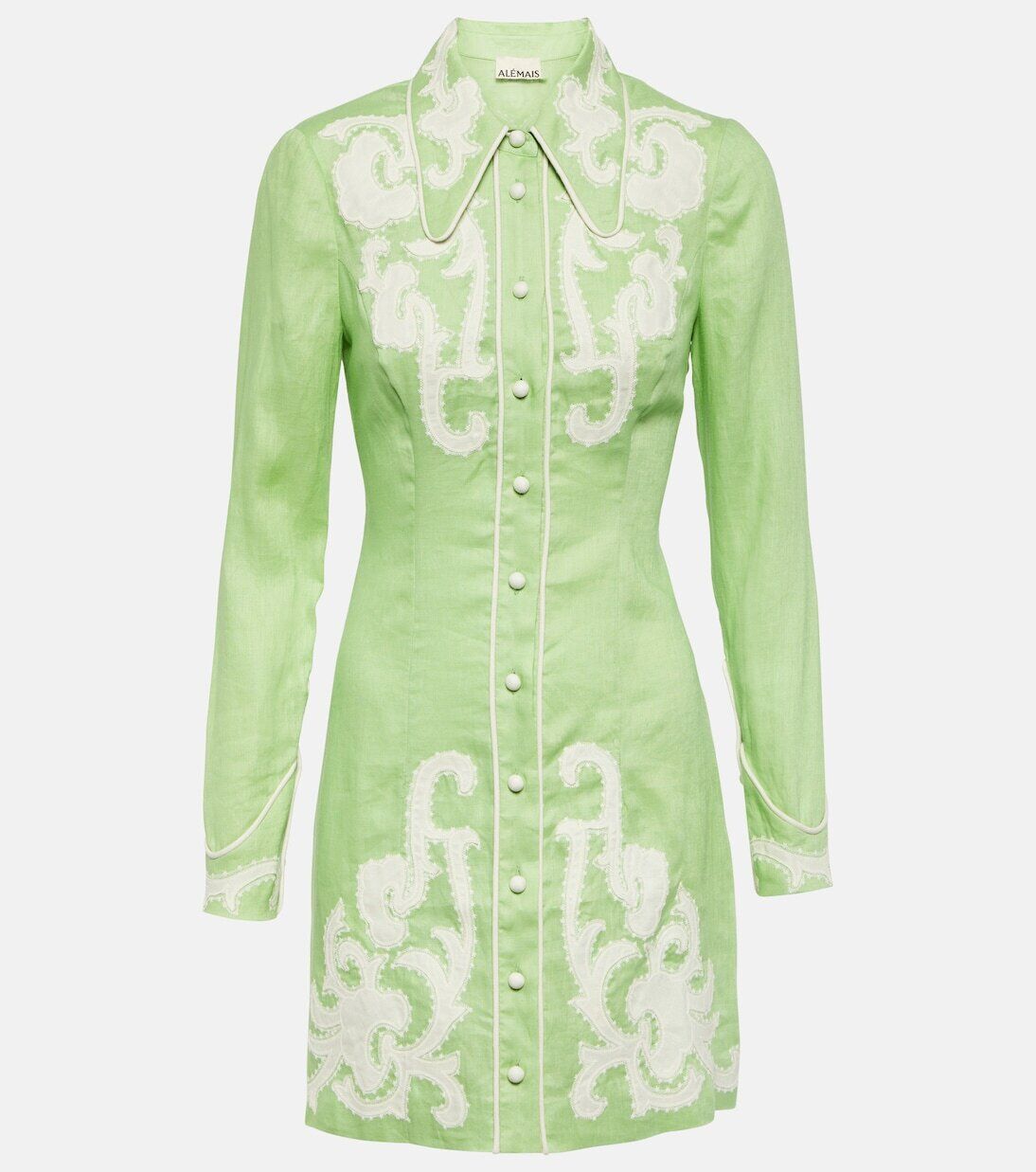 ALEMAIS NWT Ruby Mint Green Linen Embroidered Western Long Sleeve Dress 10/6