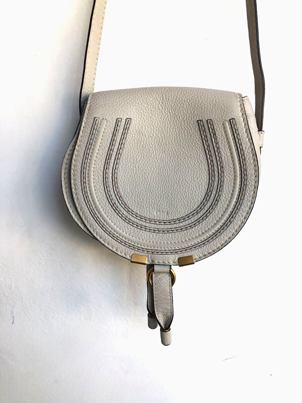 CHLOE Marcie Mini Cloud Gray Beige Leather Crossbody Saddle Shoulder Bag Purse