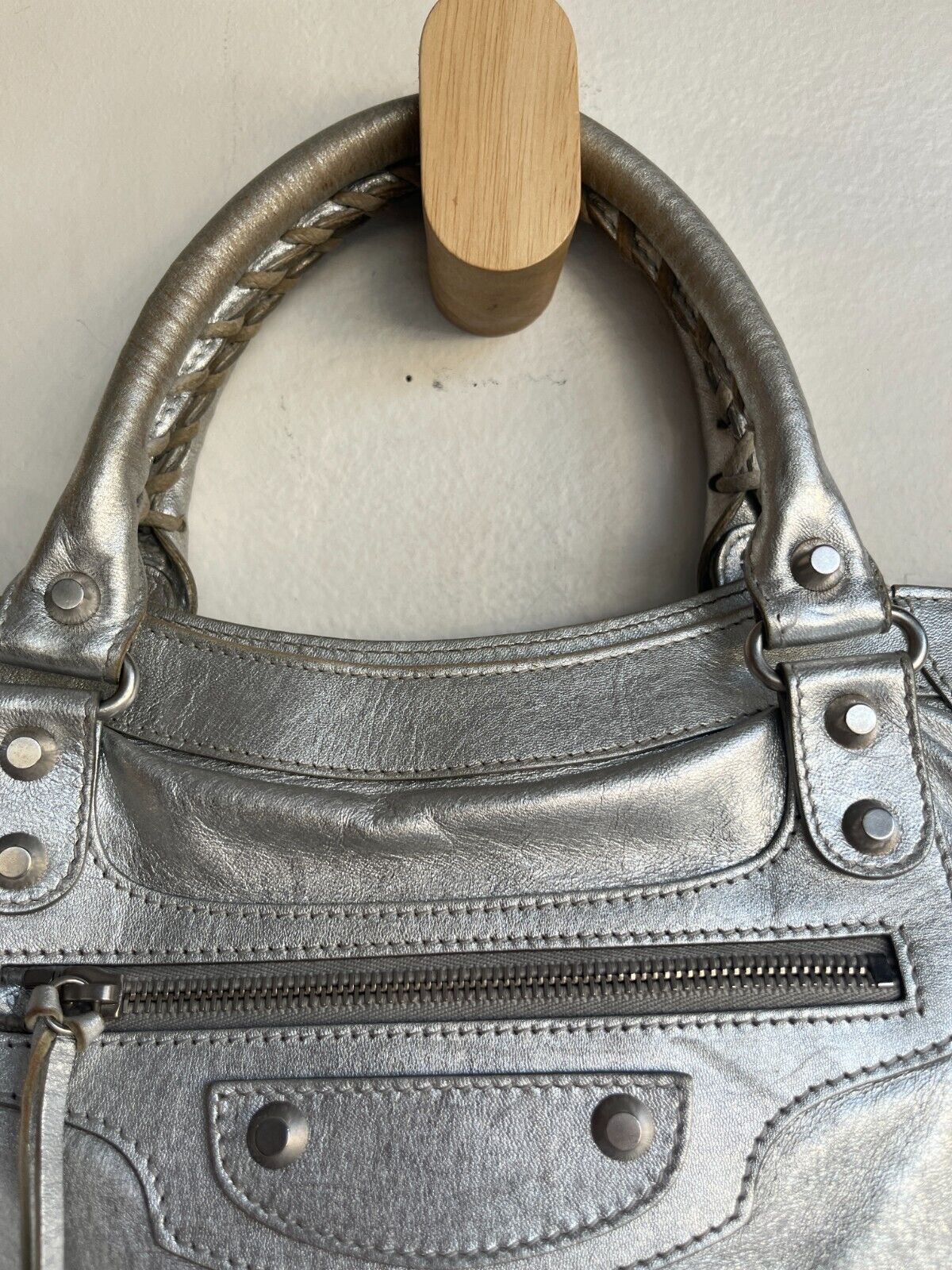 BALENCIAGA Velo Silver Motocycle Small Stud Leather Shoulder Tote Bag Purse