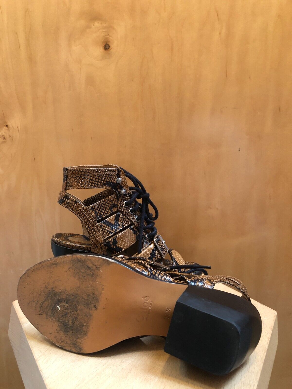 CHLOE Rylee Brown Snakeskin Print Leather Buckle Gladiator Sandal Heel 37.5/7.5
