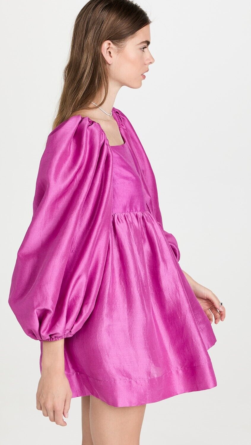 AZEEZA NEW Cameron Orchid Purple Pink Empire Waist Long Sleeve Silk Mini Dress L