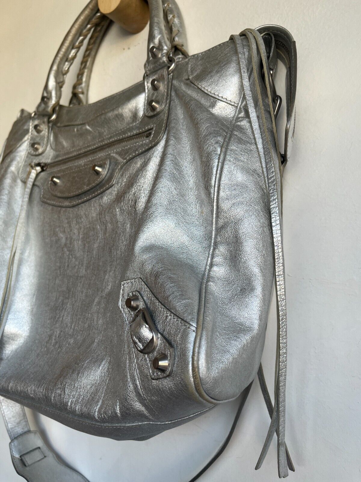 BALENCIAGA Velo Silver Motocycle Small Stud Leather Shoulder Tote Bag Purse