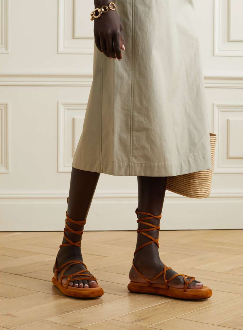 KHAITE Alba Brown Suede Leather Trimmed Strappy Tie Up Ankle Sandals 38.5