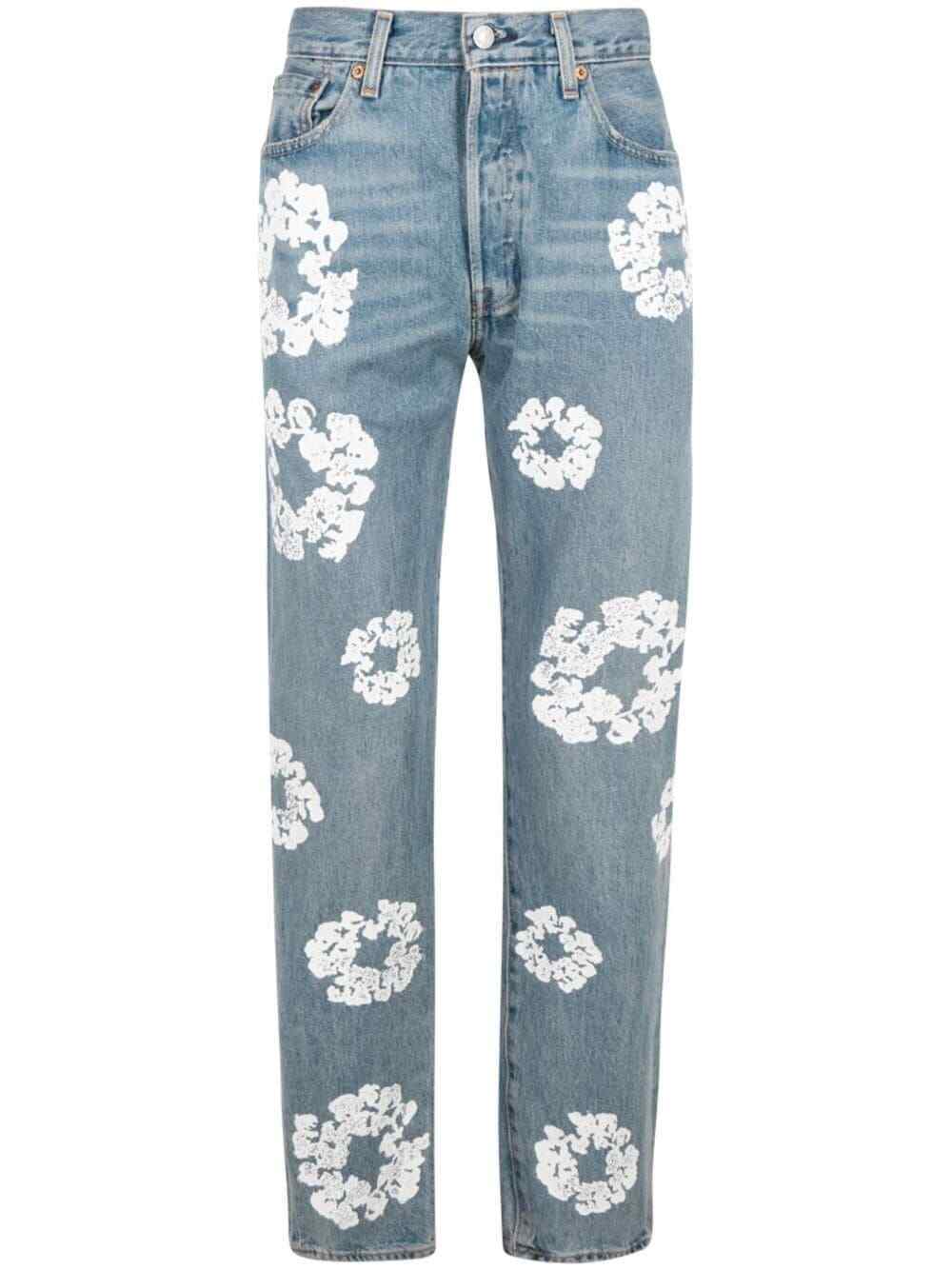 DENIM TEARS X LEVI'S Light Wash White Flower Print Straight Leg Denim Jean 30
