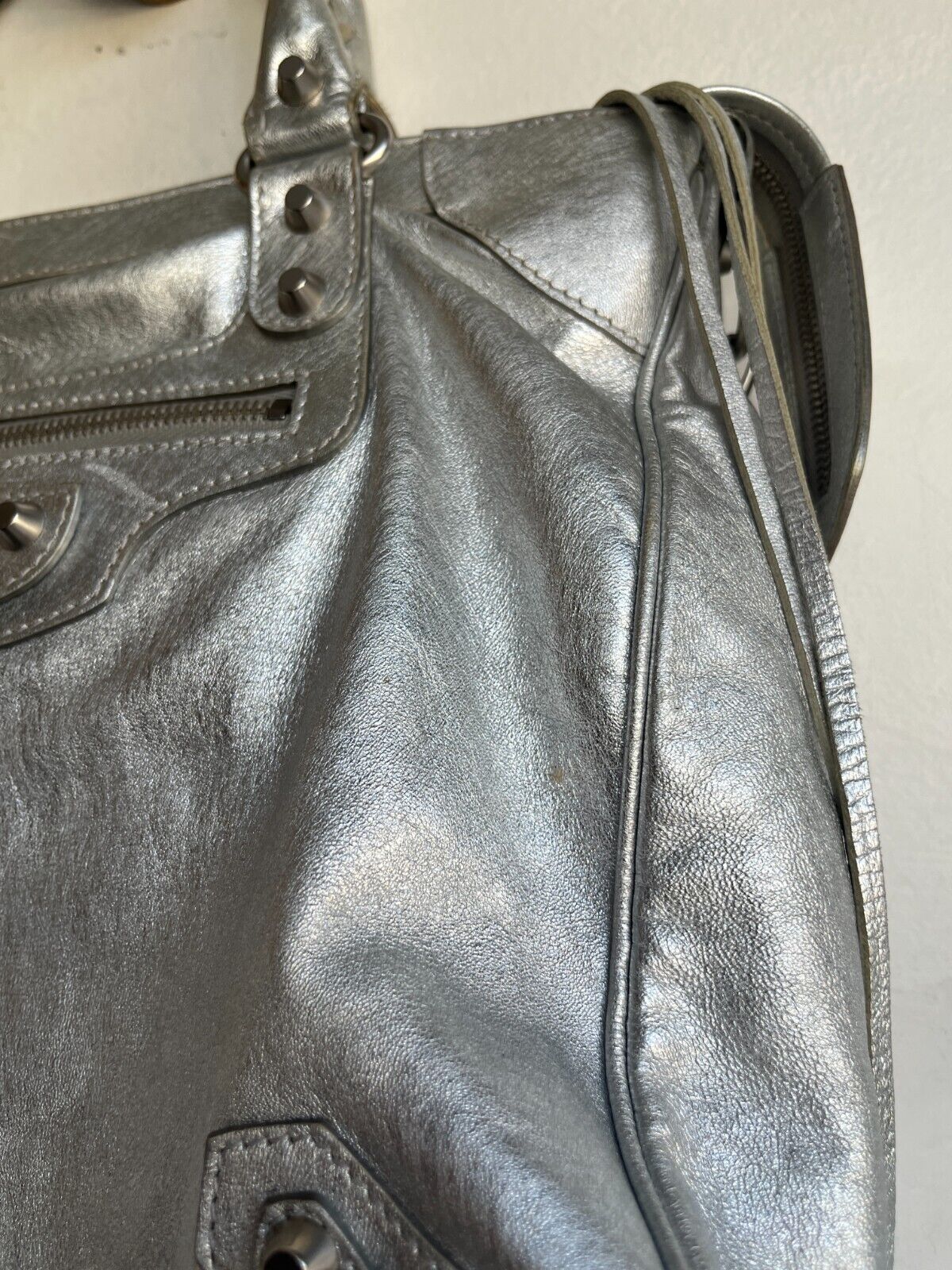 BALENCIAGA Velo Silver Motocycle Small Stud Leather Shoulder Tote Bag Purse