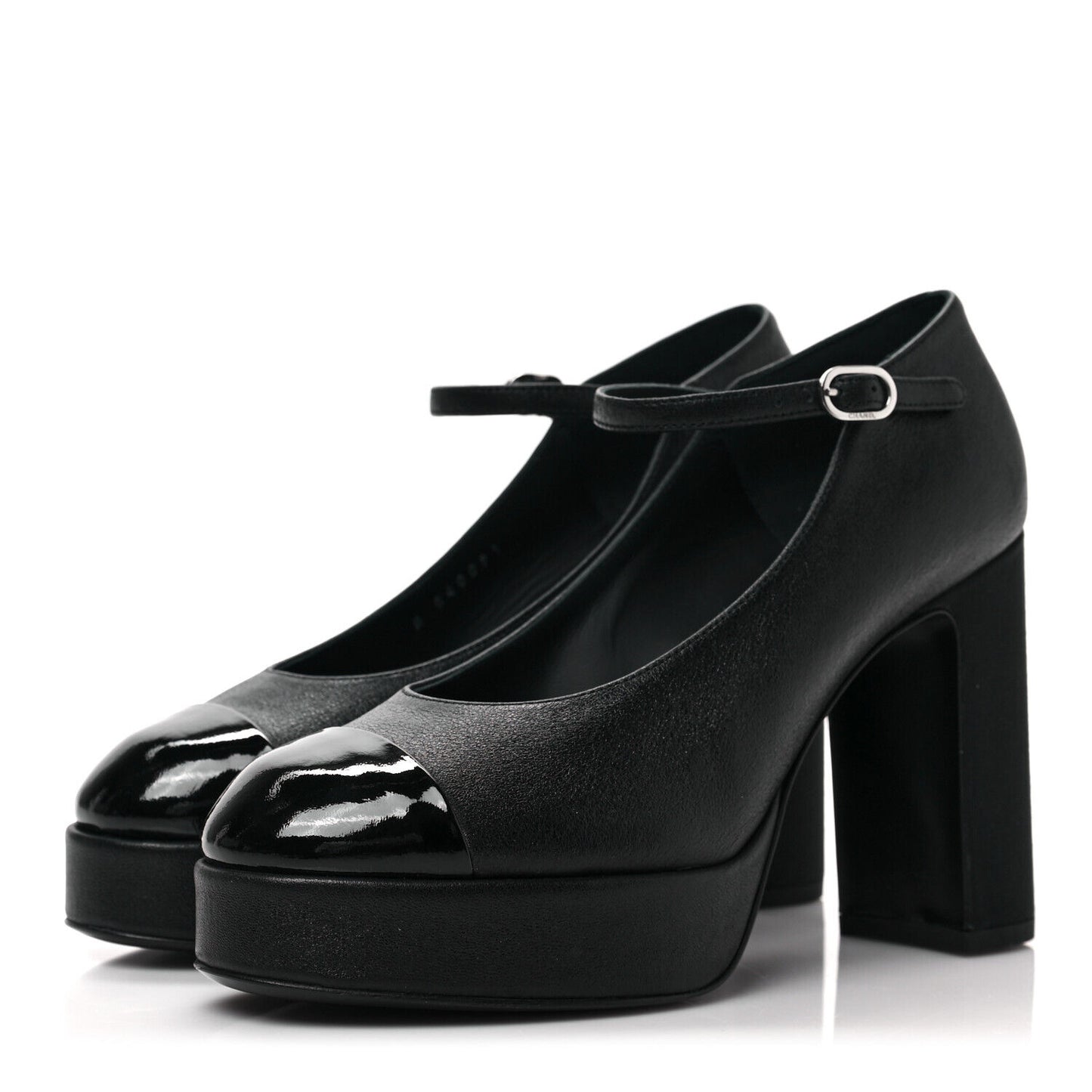 CHANEL NWB '23 Black Leather Patent CC Cap Toe Platform Pump Heel Mary Jane 38.5