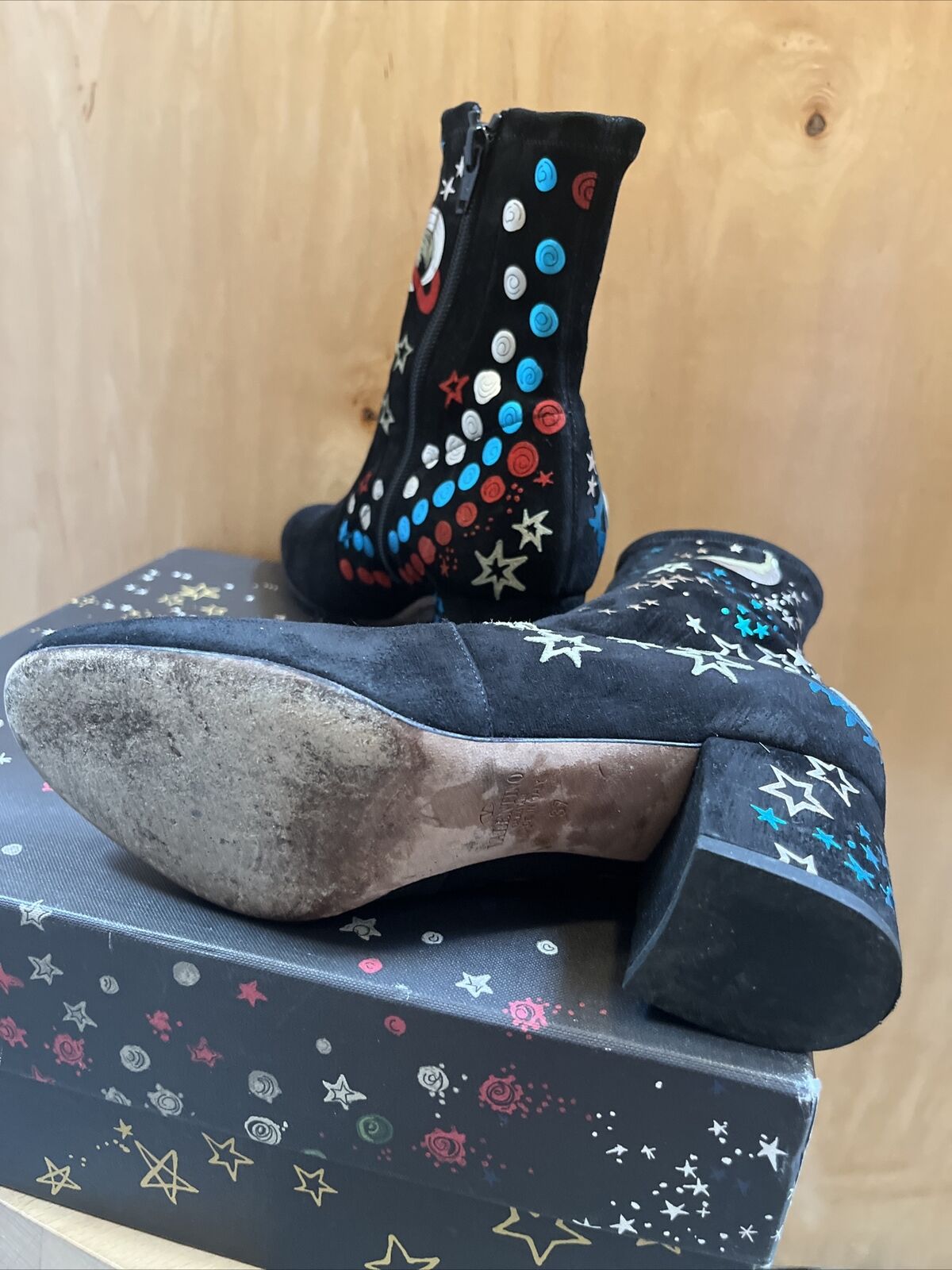 VALENTINO Black Suede Leather Star Planet Print Ankle Sock Block Heel Boot 37