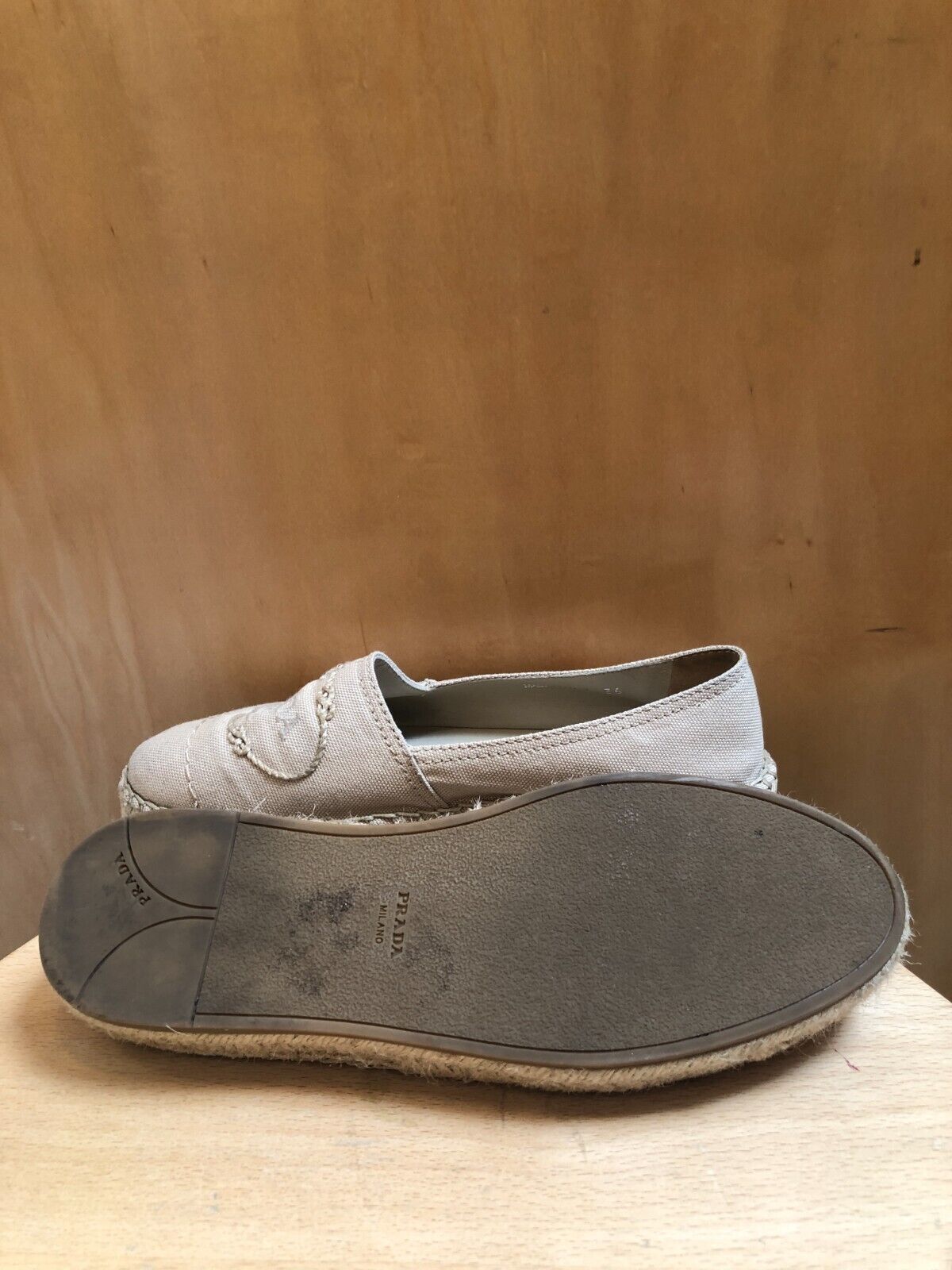 PRADA Beige Canvas Trim Round Toe Logo Straw Raffia Platform Flat Espadrille 36