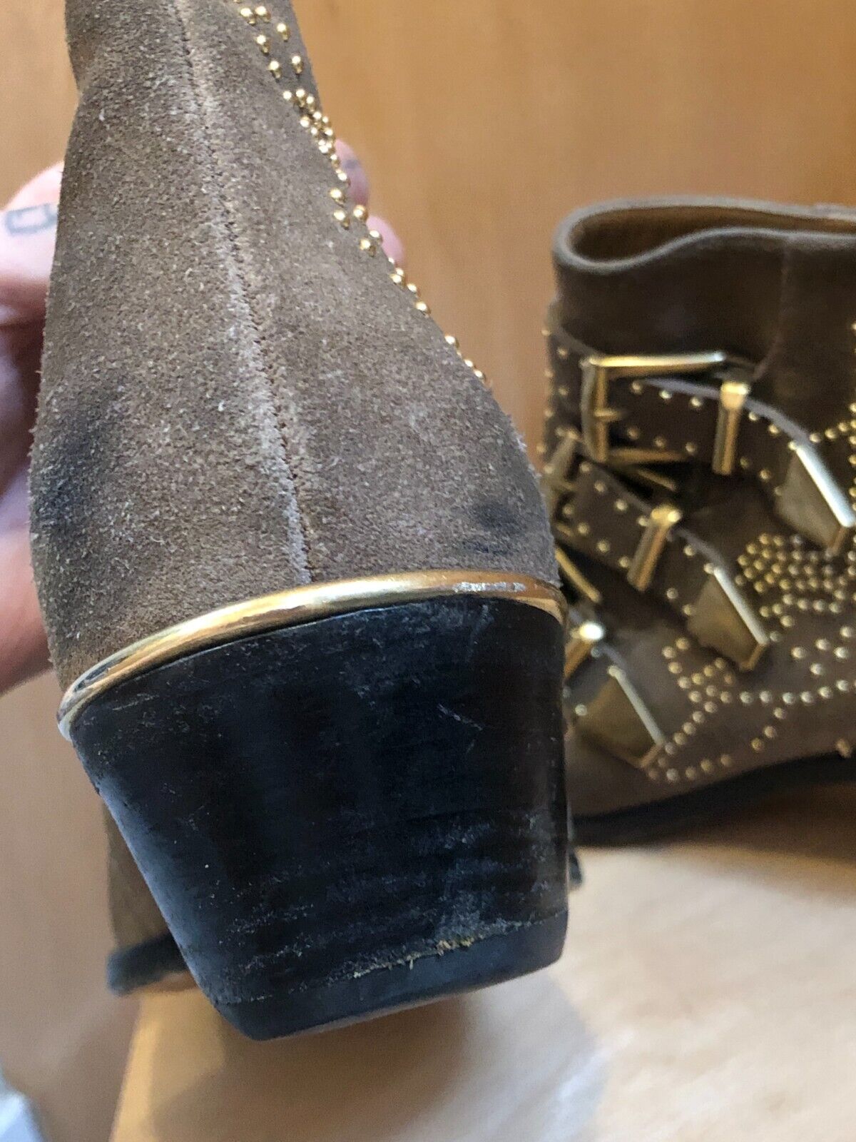 CHLOE Susanna Brown Beige Taupe Gold Studded Suede Multi Buckle Ankle Boot 35