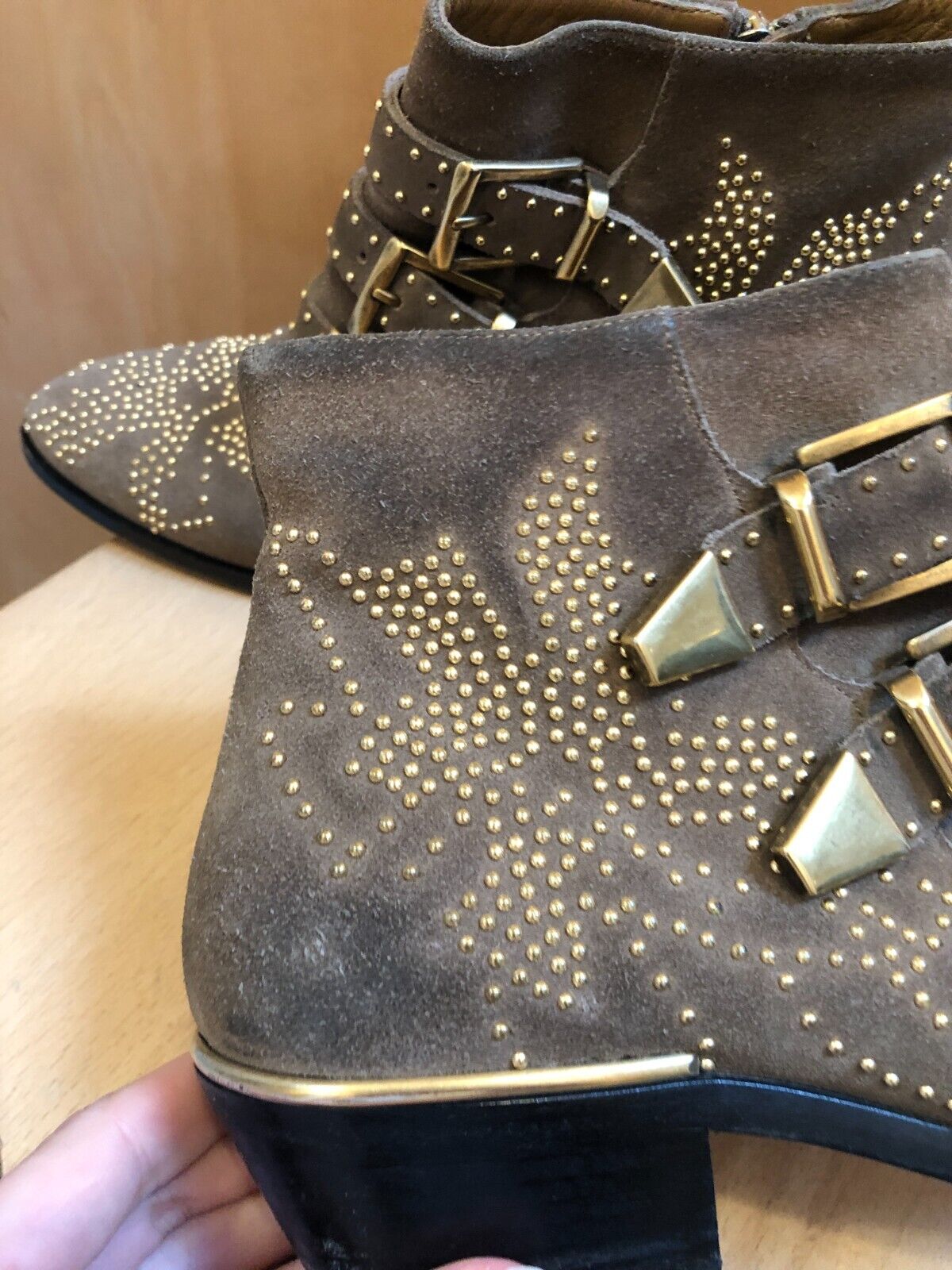 CHLOE Susanna Brown Beige Taupe Gold Studded Suede Multi Buckle Ankle Boot 35