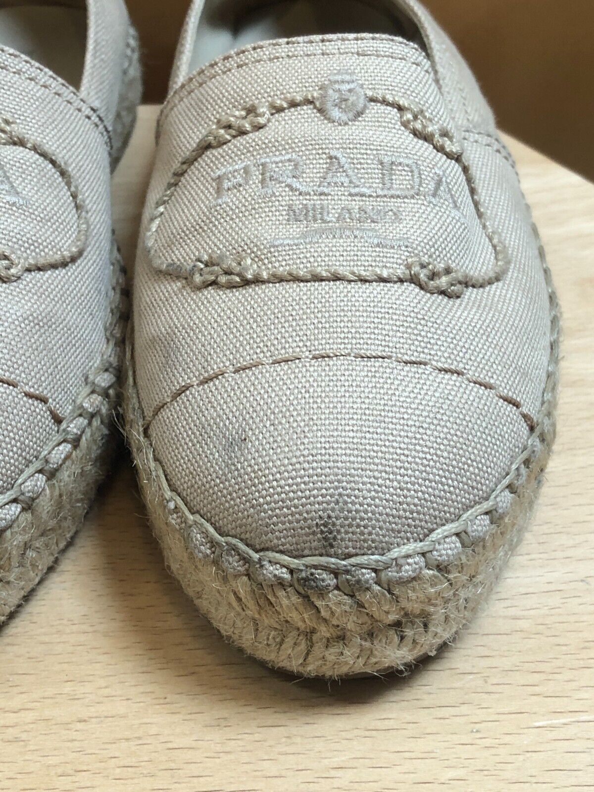 PRADA Beige Canvas Trim Round Toe Logo Straw Raffia Platform Flat Espadrille 36