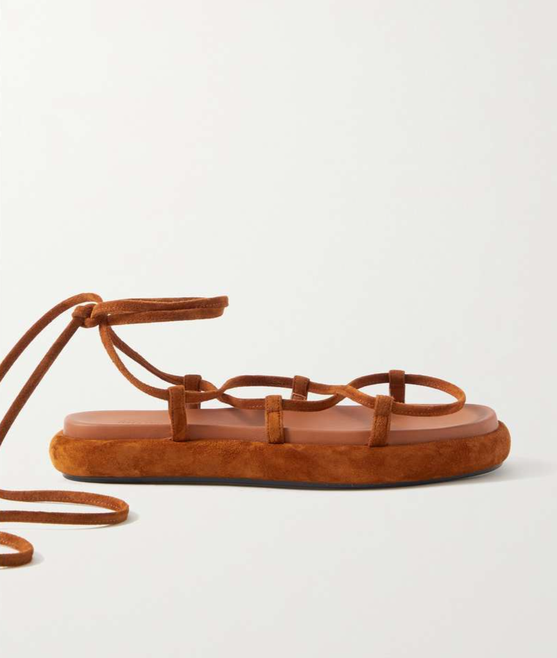 KHAITE Alba Brown Suede Leather Trimmed Strappy Tie Up Ankle Sandals 38.5