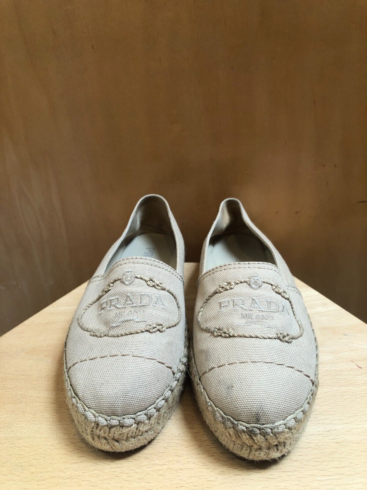 PRADA Beige Canvas Trim Round Toe Logo Straw Raffia Platform Flat Espadrille 36