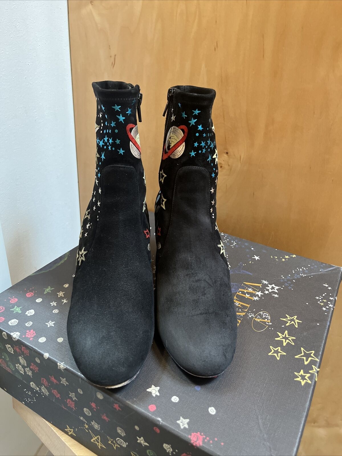 VALENTINO Black Suede Leather Star Planet Print Ankle Sock Block Heel Boot 37