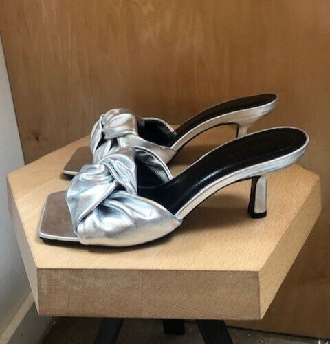 BY FAR Lana Silver Knot Heel Open Toe Leather Slide Sandal Heel Mule Shoe 38/8