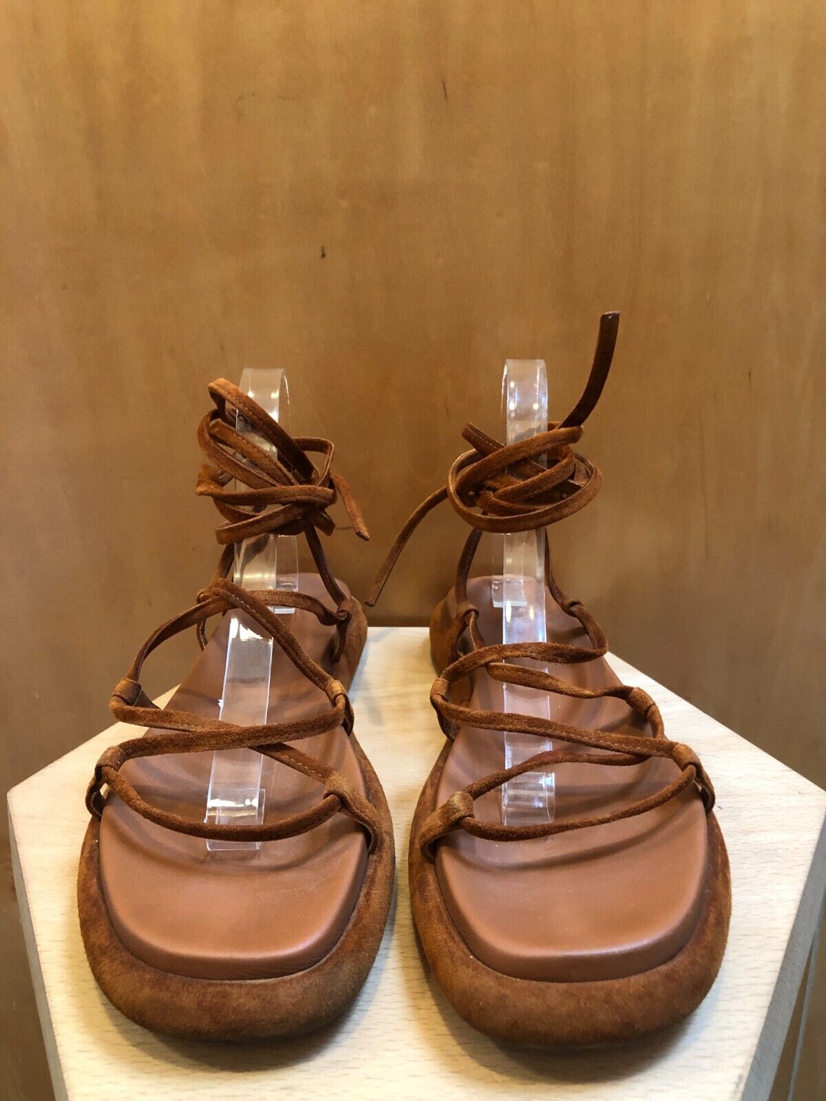 KHAITE Alba Brown Suede Leather Trimmed Strappy Tie Up Ankle Sandals 38.5