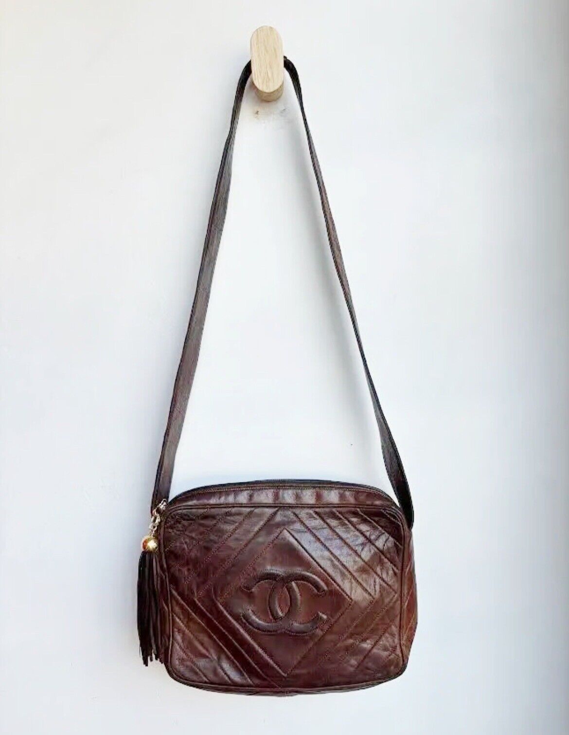 CHANEL Vintage Brown Leather Strap Chevron CC Logo Satchel Tassel Bag Purse