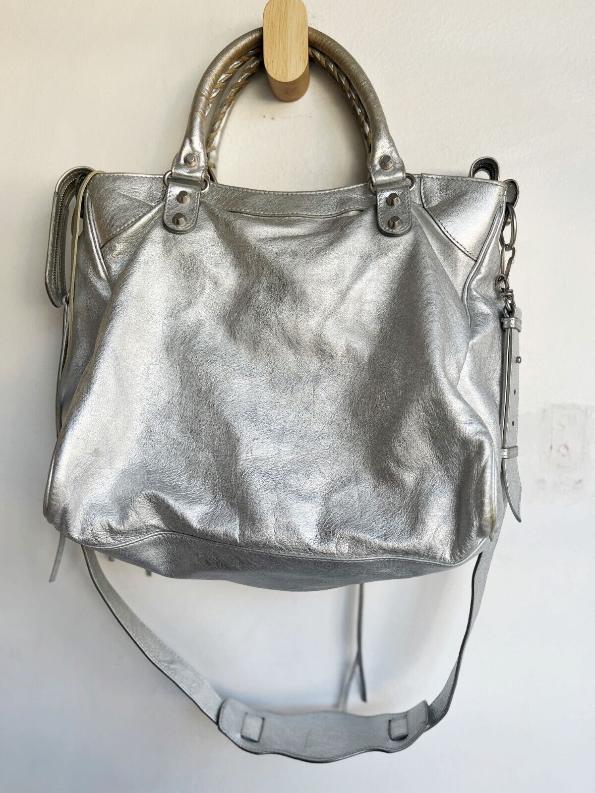 BALENCIAGA Velo Silver Motocycle Small Stud Leather Shoulder Tote Bag Purse