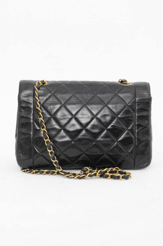 CHANEL Vtg Diana Black Quilted Leather Flap Gold CC Chain Shoulder Bag Purse
