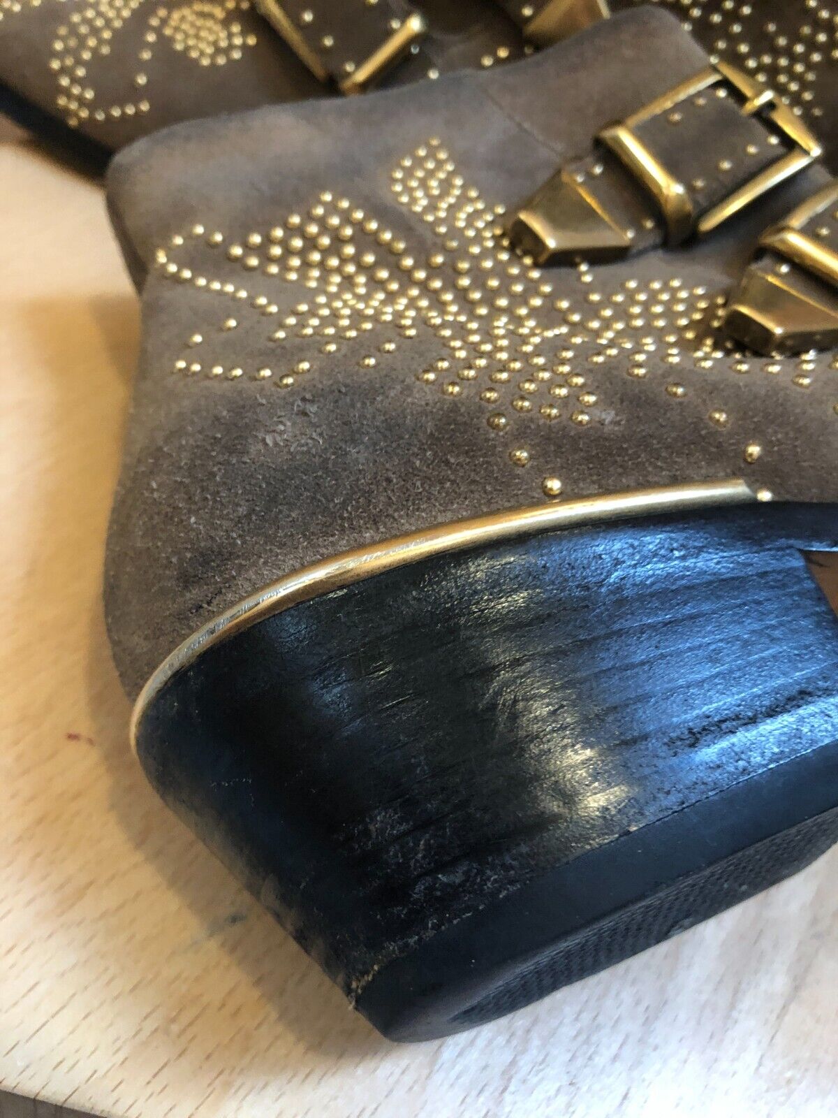 CHLOE Susanna Brown Beige Taupe Gold Studded Suede Multi Buckle Ankle Boot 35