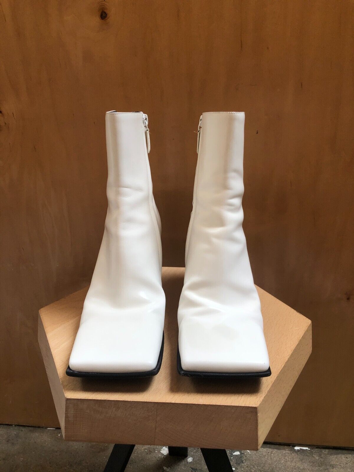 BALENCIAGA White Leather Square Toe Black Ankle Chunky Women Shoe Boot 40/10/9.5