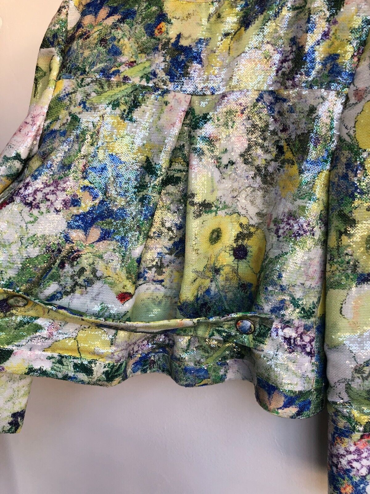 ERDEM Yellow Green Watercolor Floral Sequin Long Sleeve Silk Blazer Jacket M/L