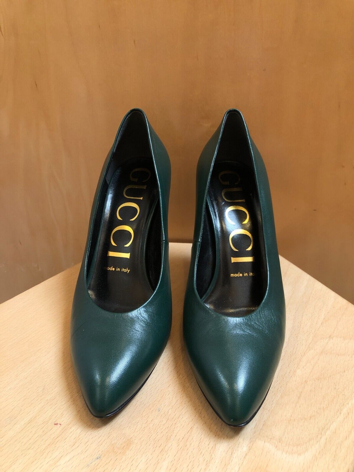 GUCCI Blanca Malaga Kid Dark Green Leather Pointed Toe Stiletto Heel Pump 37.5