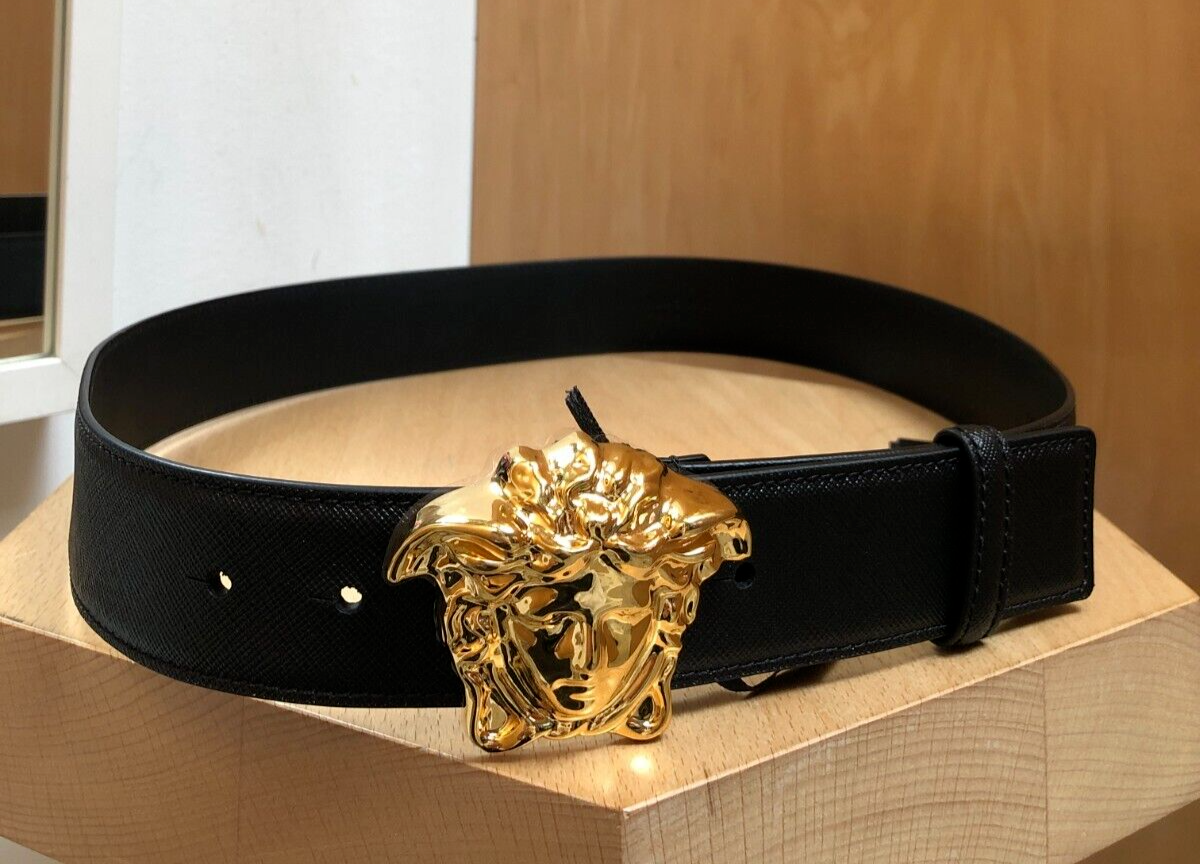 VERSACE NWT Medusa Insignia Gold Black Crosshatch Leather Mens Womens Belt 90/36