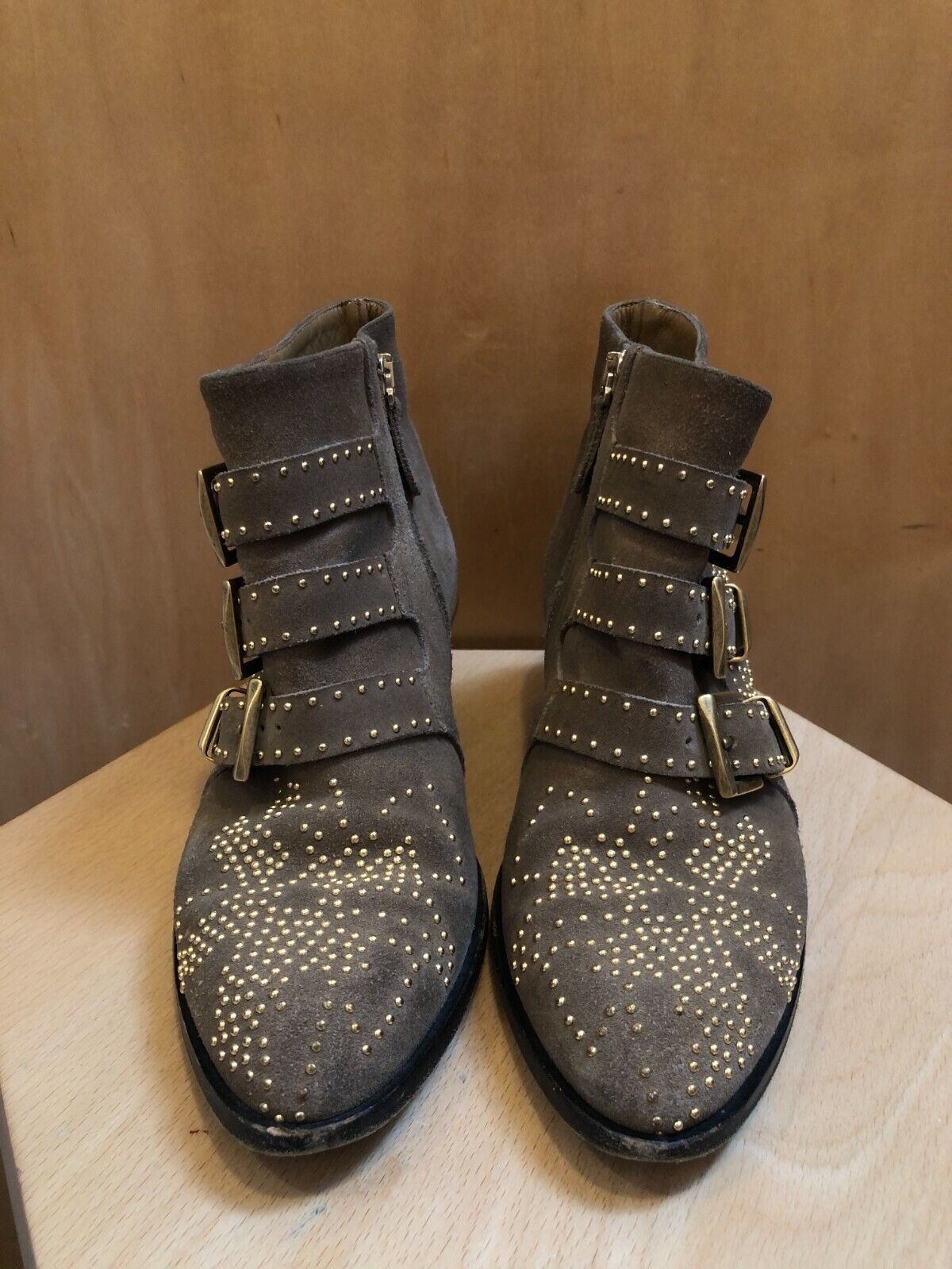 CHLOE Susanna Brown Beige Taupe Gold Studded Suede Multi Buckle Ankle Boot 35