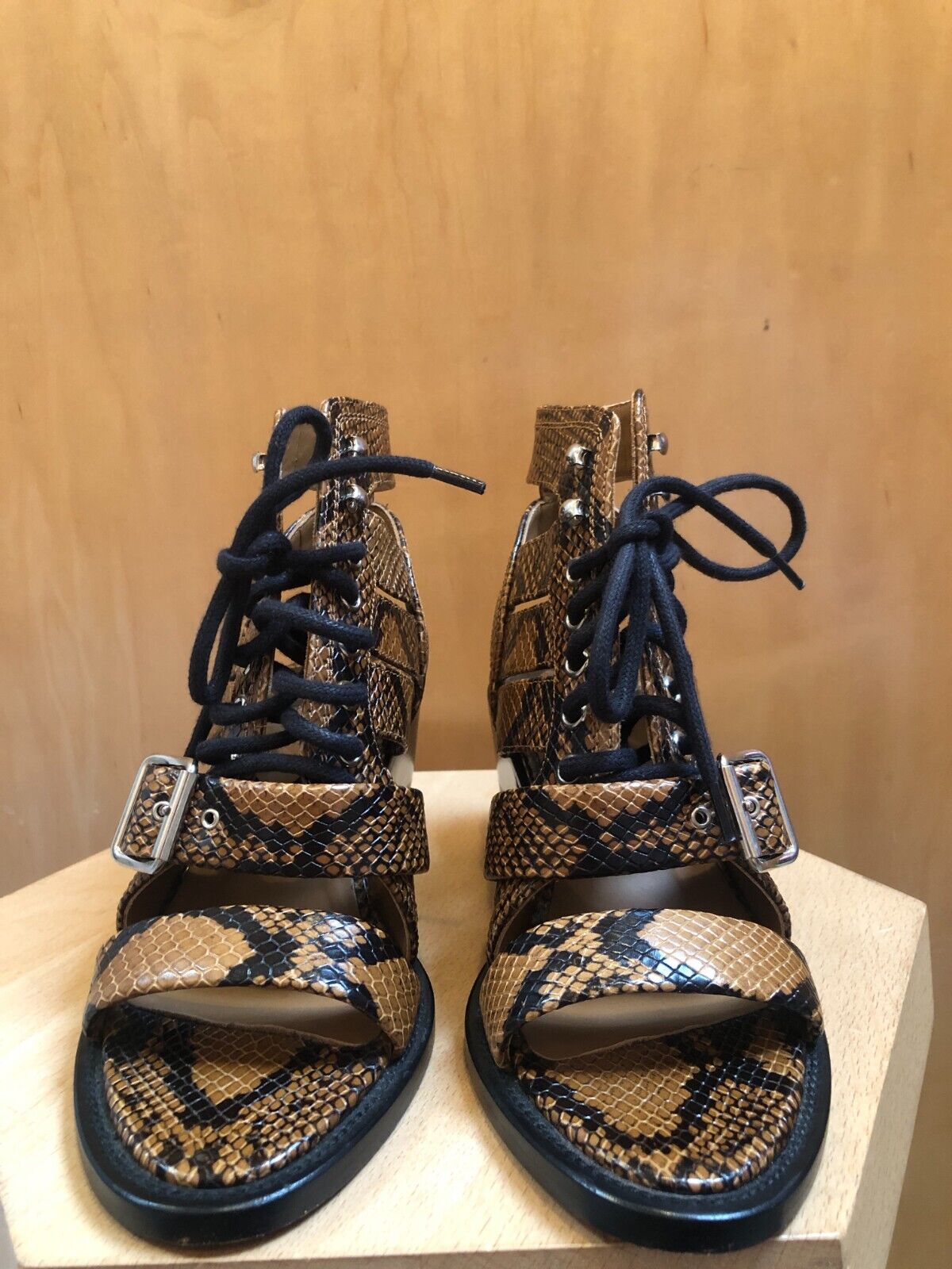 CHLOE Rylee Brown Snakeskin Print Leather Buckle Gladiator Sandal Heel 37.5/7.5